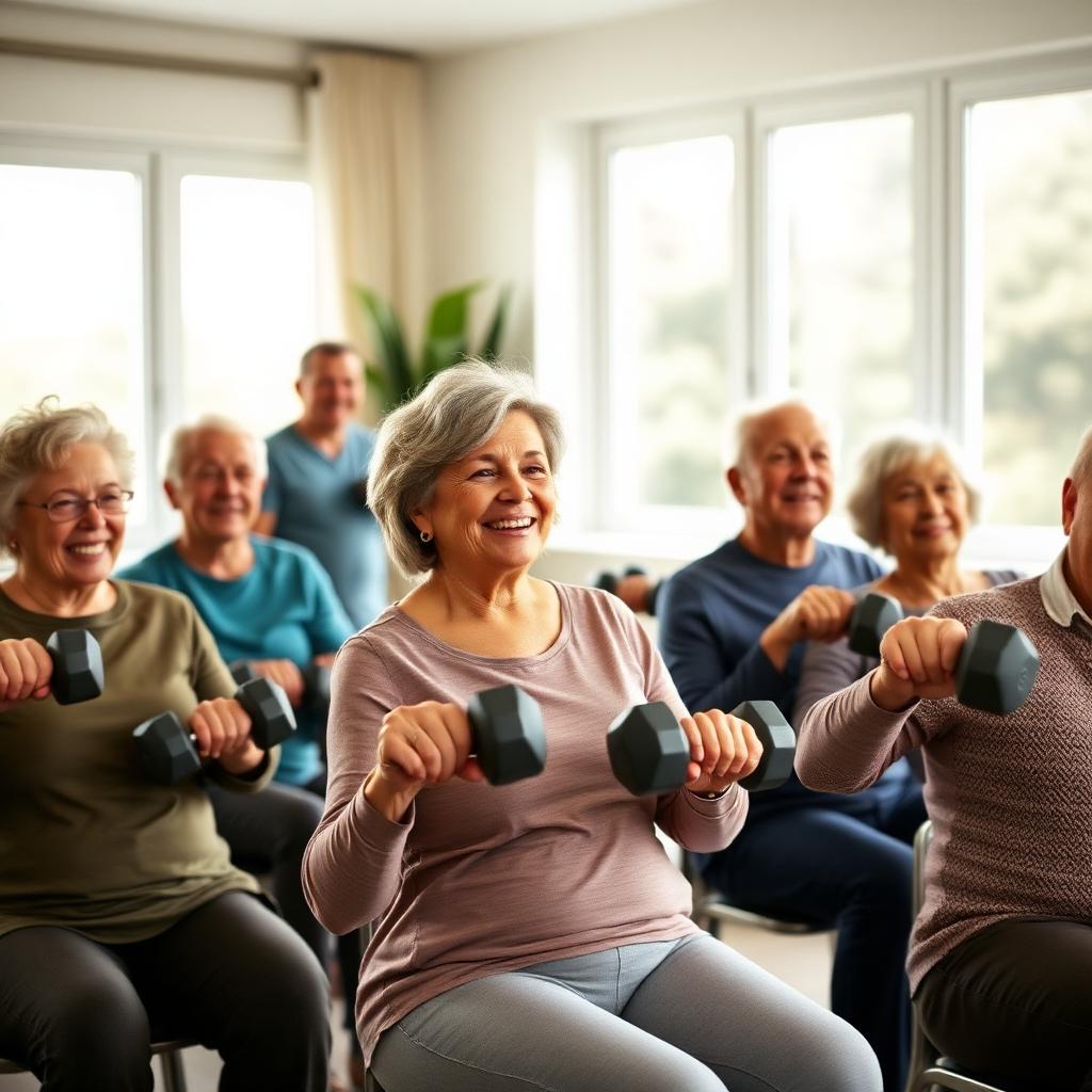 An instructor guides a group of older adults through a seated strength class in a bright community room.