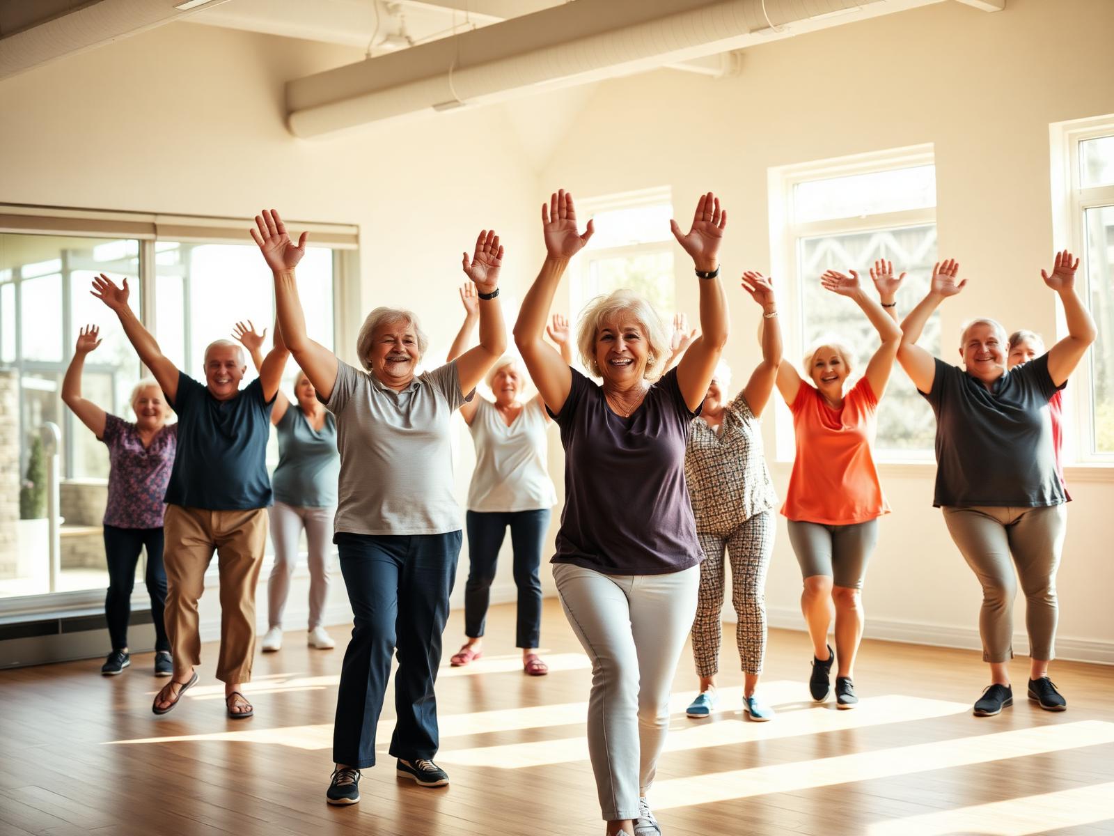 A lively group class with residents smiling and moving together.